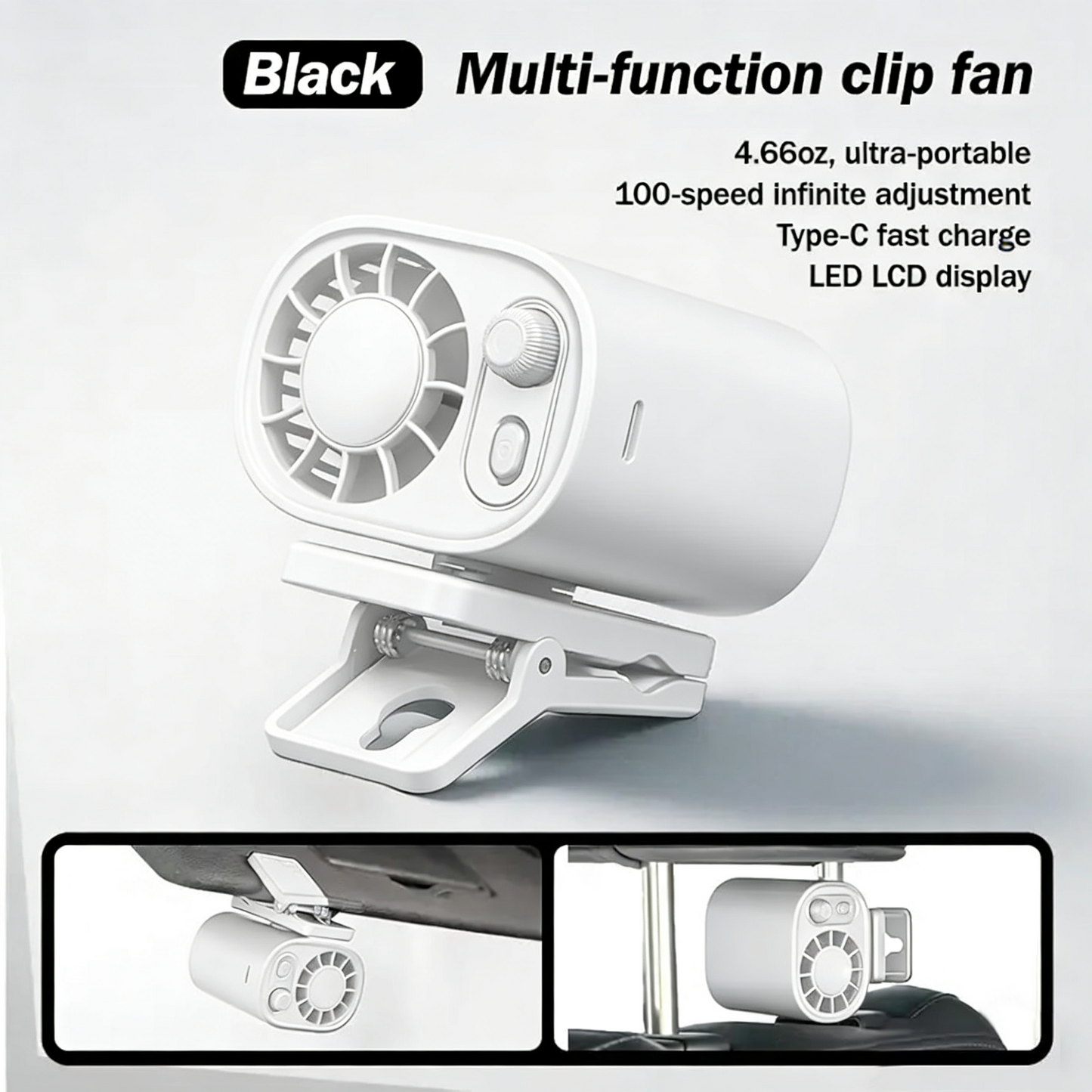 Car LCD Clip Fan 360° Rotatable 100 Speed Wind 12V USB Rechargeable 1800mAh Electric Fan Low Noise Mini Fan Clamp Anywhere Black