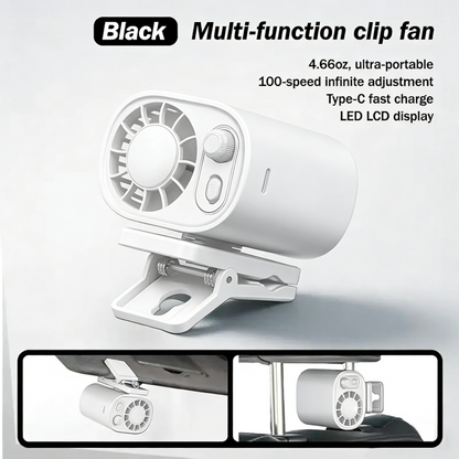 Car LCD Clip Fan 360° Rotatable 100 Speed Wind 12V USB Rechargeable 1800mAh Electric Fan Low Noise Mini Fan Clamp Anywhere Black