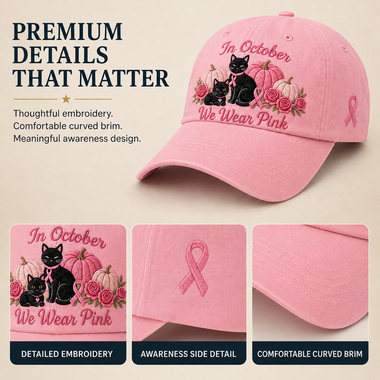 Women's 3D Embroidered Pink Ribbon Cat Hat – Breast Cancer Awareness Month Support, Strength & Hope Cap