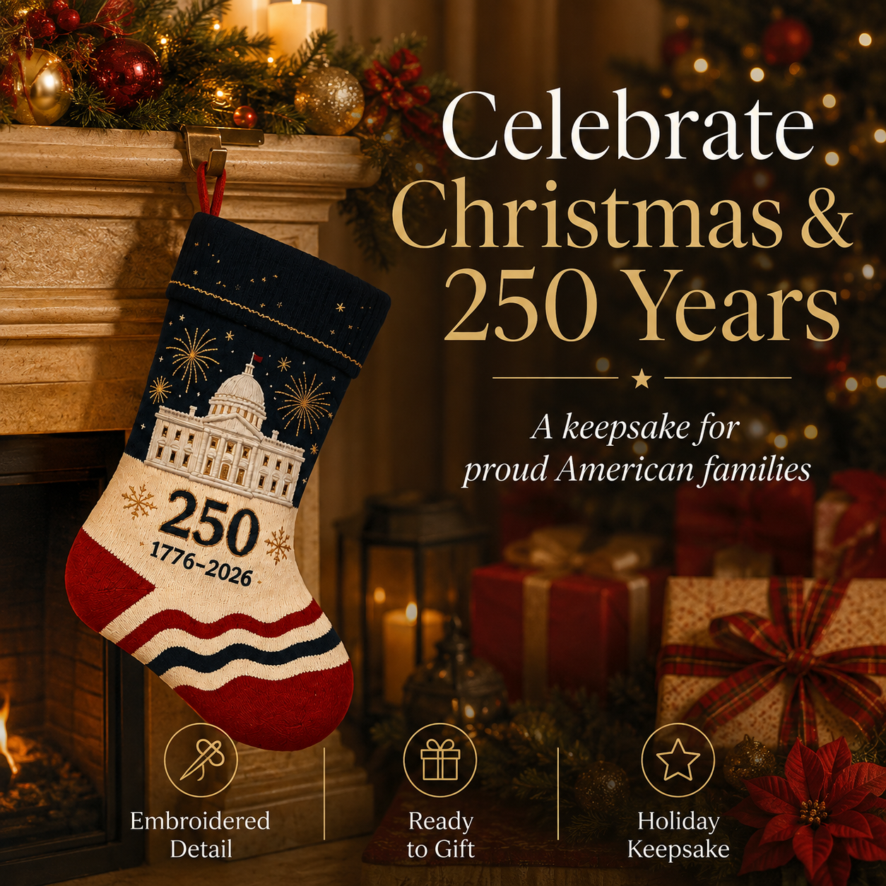 USA 250th Anniversary 1776–2026 Embroidered Christmas Stocking