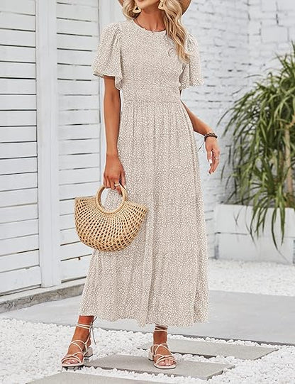 🔥LAST DAY 52% OFF - 💖Women's 2026 Summer Casual Floral Print Short Flutter Sleeve Crew Neck Smocked High Waist Flowy Maxi Dress