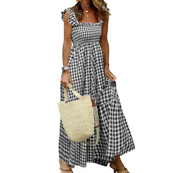 Women's Retro Plaid Smocked Dress, Spaghetti Strap Flowy Long Dress with Pockets