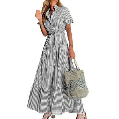 women's summer striped dress with tie waist ruffles long casual Shortsleeve Womenswear shirt dress SpringStatements