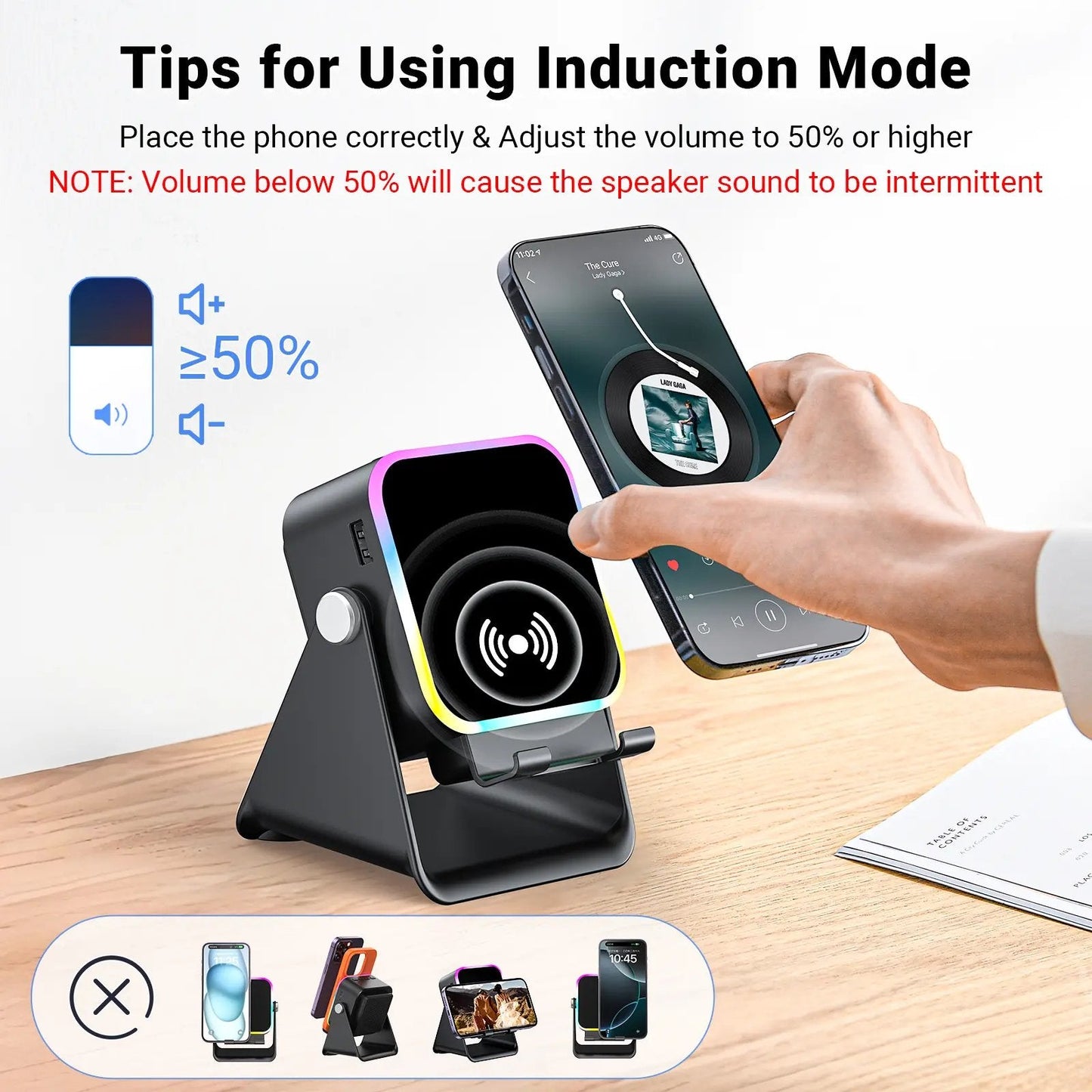 Wireless Induction Audio Speaker Stand, 5-in-1 Phone Stand, 3500mAh Rechargeable Emergency Power , 360° Adjustable Phone