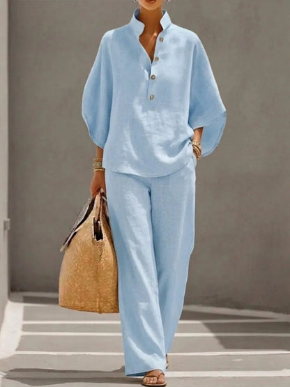 🔥 Free Shipping🔥Women's Batwing Sleeve Linen Cotton Two-Piece Set – Casual Shirt & Wide Leg Pants Outfit