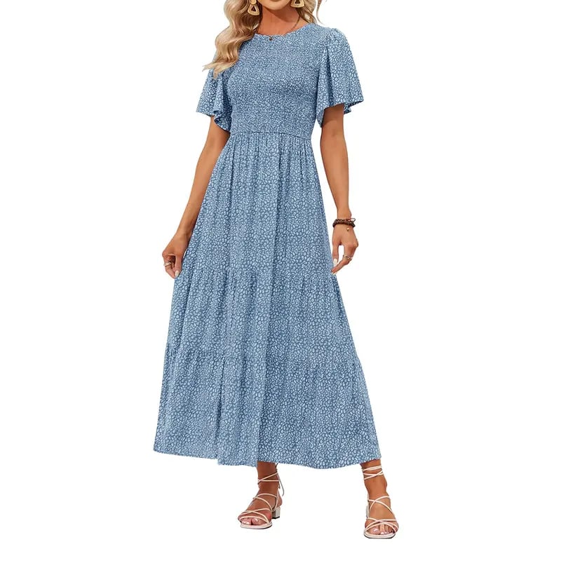 🔥LAST DAY 52% OFF - 💖Women's 2026 Summer Casual Floral Print Short Flutter Sleeve Crew Neck Smocked High Waist Flowy Maxi Dress