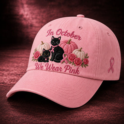 Women's 3D Embroidered Pink Ribbon Cat Hat – Breast Cancer Awareness Month Support, Strength & Hope Cap