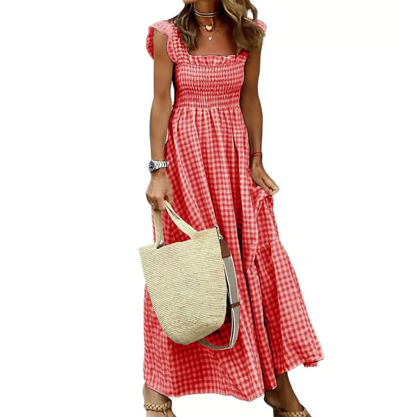 Women's Retro Plaid Smocked Dress, Spaghetti Strap Flowy Long Dress with Pockets