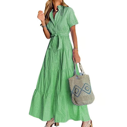 women's summer striped dress with tie waist ruffles long casual Shortsleeve Womenswear shirt dress SpringStatements