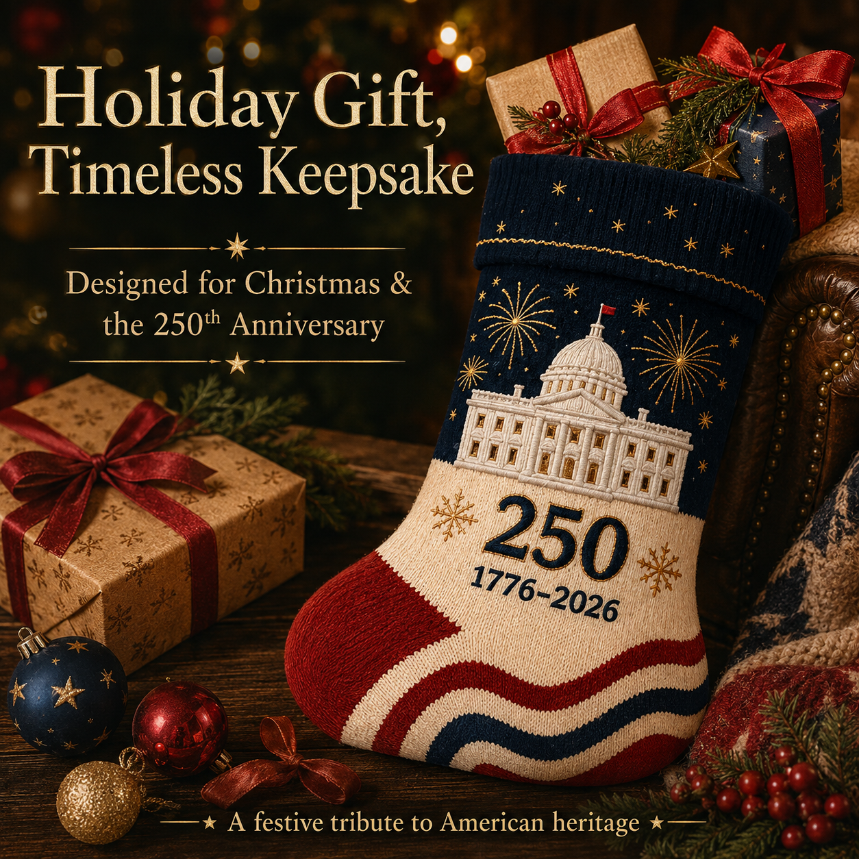 USA 250th Anniversary 1776–2026 Embroidered Christmas Stocking