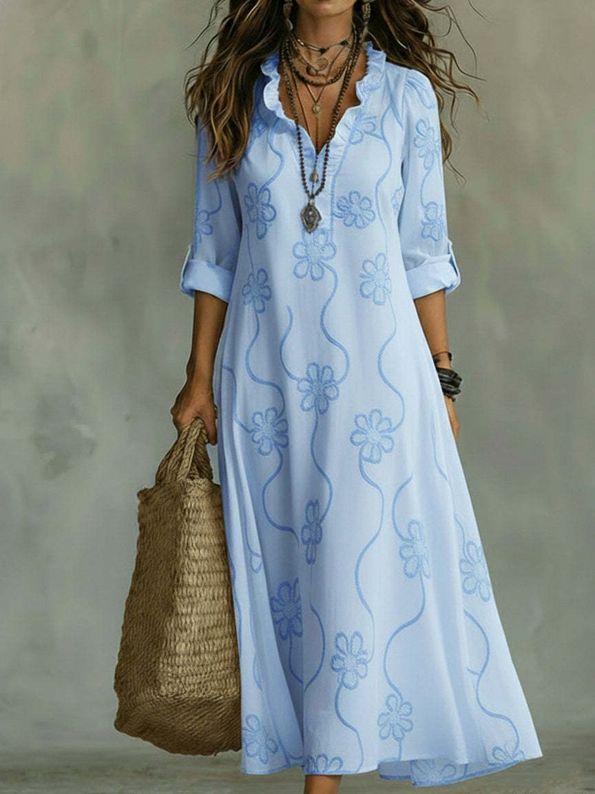 🔥 Free Shipping🔥Boho Floral Maxi Dress | V-Neck Ruffle Trim Vacation & Beach Outfit