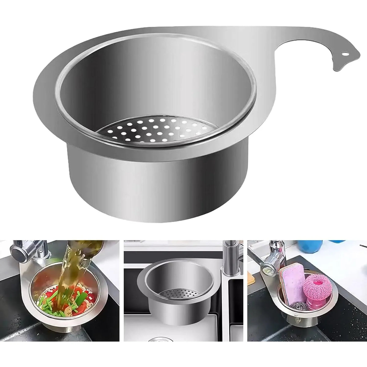 Hands-Free Swan-Hook Sink Strainer