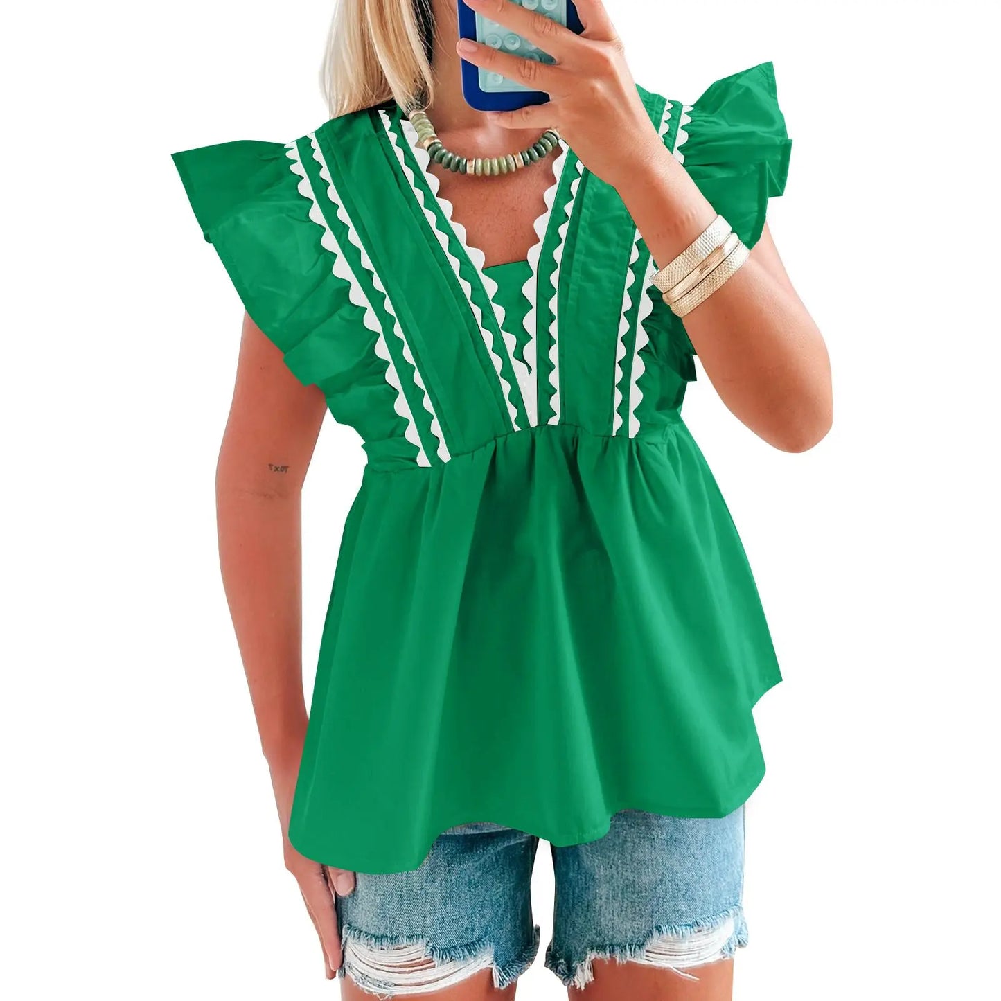 🔥2026 Hot Sale🌟Women's V-Neck Babydoll Blouse, Elegant Ruffle Short Sleeve Top with Scalloped Trim, Loose-Fitting Dressy Casual for Summer, Lady, Shirts