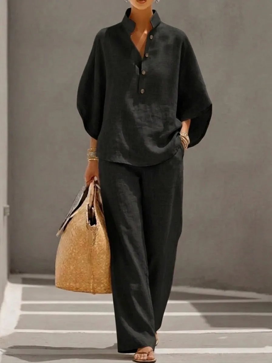 🔥 Free Shipping🔥Women's Batwing Sleeve Linen Cotton Two-Piece Set – Casual Shirt & Wide Leg Pants Outfit