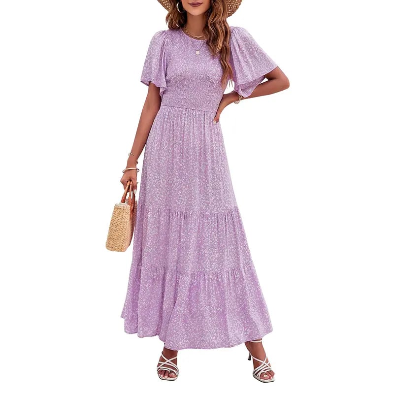 🔥LAST DAY 52% OFF - 💖Women's 2026 Summer Casual Floral Print Short Flutter Sleeve Crew Neck Smocked High Waist Flowy Maxi Dress