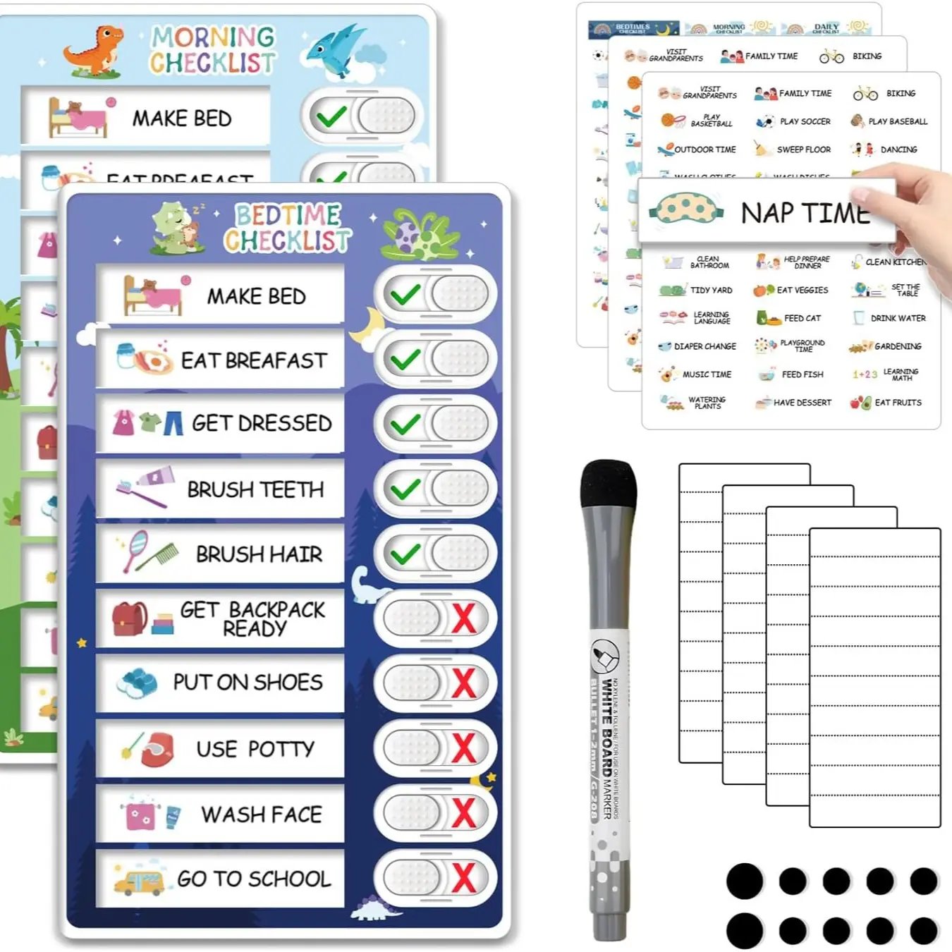 🧒👧2-in-1 Kids Magnetic Routine Chart Set (22 Pieces) | Bedtime & Morning Visual Schedule for Toddlers