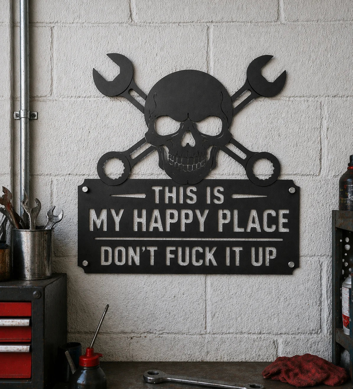 💀🔧"This Is My Happy Place" Metal Wall Art Sign