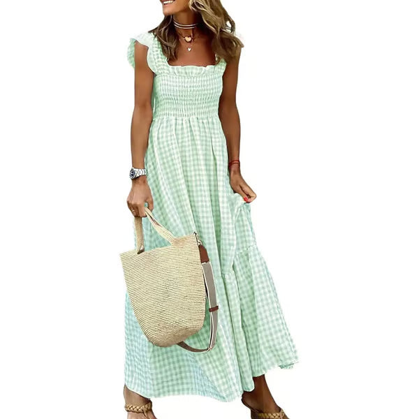 Women's Retro Plaid Smocked Dress, Spaghetti Strap Flowy Long Dress with Pockets