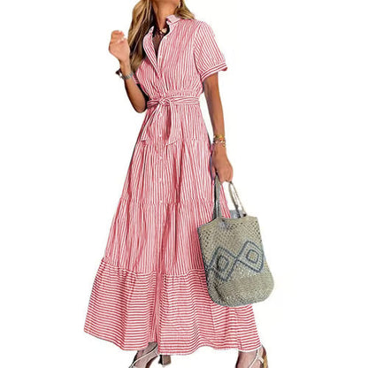 women's summer striped dress with tie waist ruffles long casual Shortsleeve Womenswear shirt dress SpringStatements