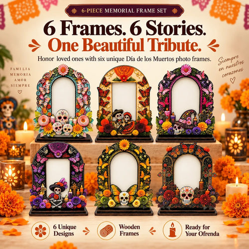💀 DAY OF THE DEAD DECOR | 6 Wooden Memorial Photo Frames – Colorful Ofrenda Picture Frame Set with Floral Details