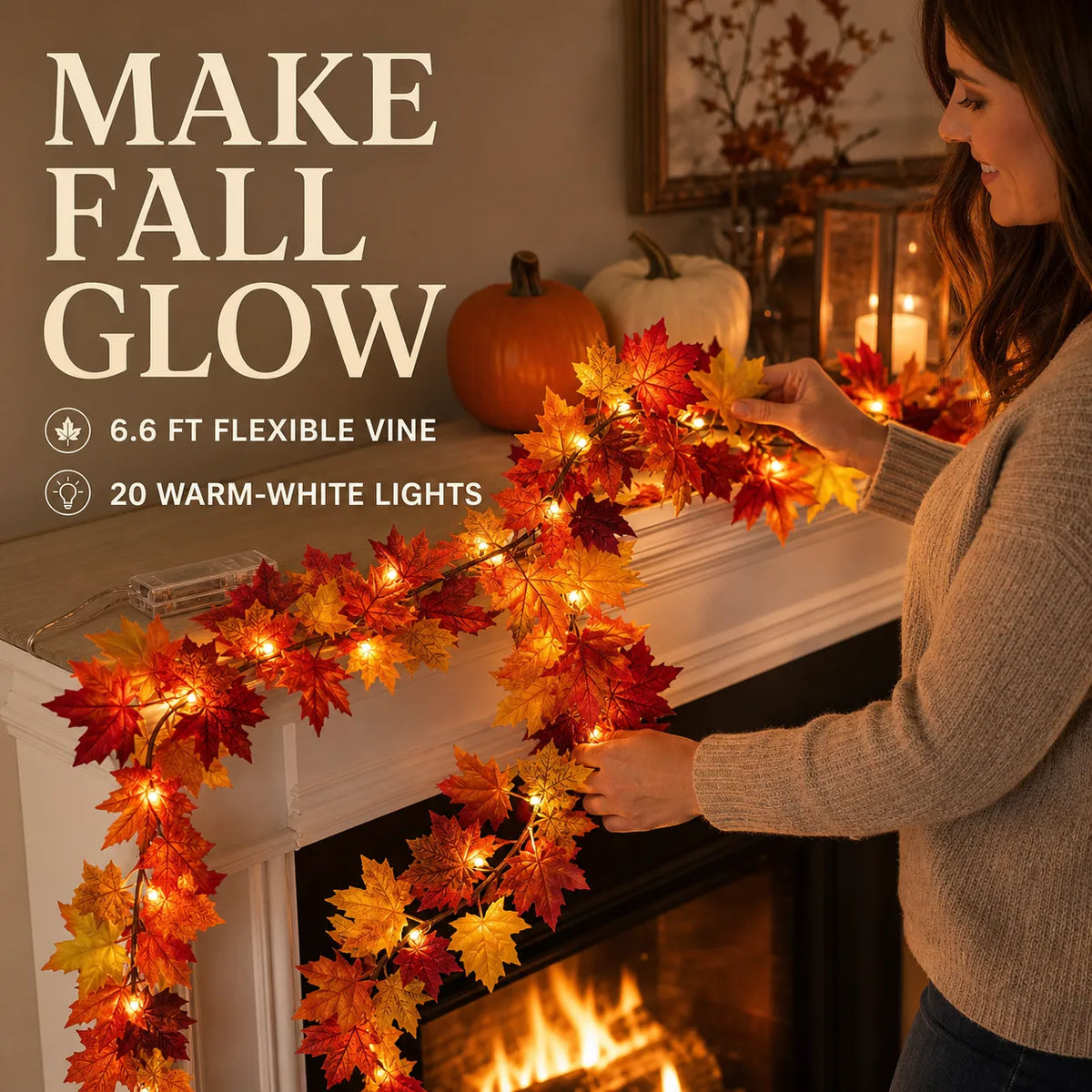6.6 FT Lighted Fall Maple Leaf Garland – 20 Warm White LEDs