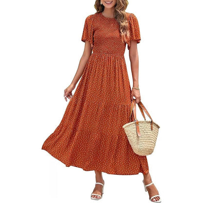 🔥LAST DAY 52% OFF - 💖Women's 2026 Summer Casual Floral Print Short Flutter Sleeve Crew Neck Smocked High Waist Flowy Maxi Dress