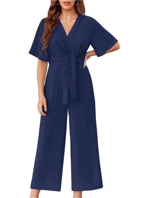⏰Hot Sale-Womens Short Sleeve Tie Knot Front Wide Leg Jumpsuits