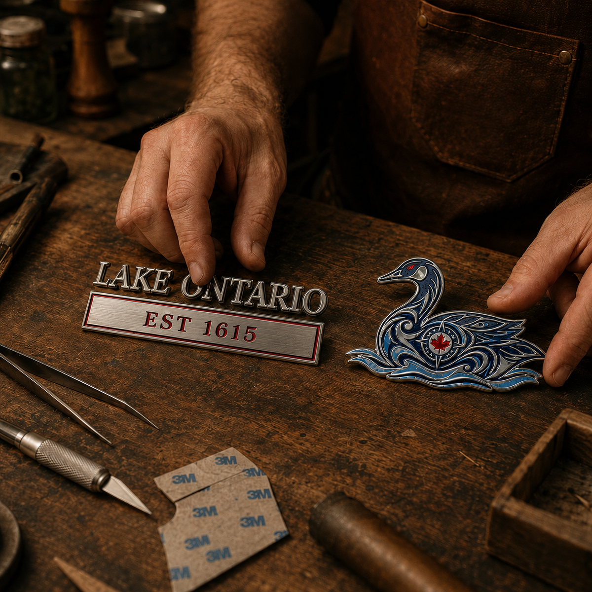 Lake Ontario EST 1615 metal emblem workshop craftsmanship