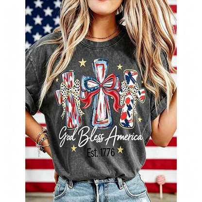 God Bless America Women Washed T-shirt Vintage 250 Years America Anniversary USA 250th Birthday Gift Shirt Memorial Independence Day 4th of July Men Women Cotton Tee Shirt