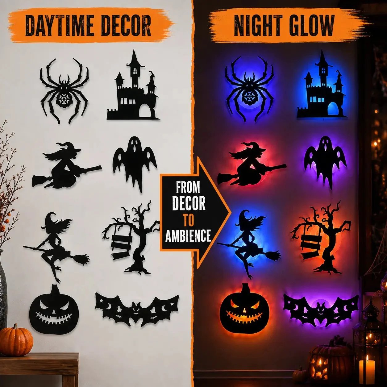 🔥50% OFF - 🎃8 Pack Halloween LED Silhouette Wall Light Stickers, Battery Powered Peel & Stick Decor Lights