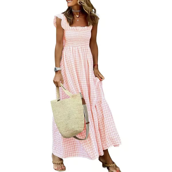 Women's Retro Plaid Smocked Dress, Spaghetti Strap Flowy Long Dress with Pockets