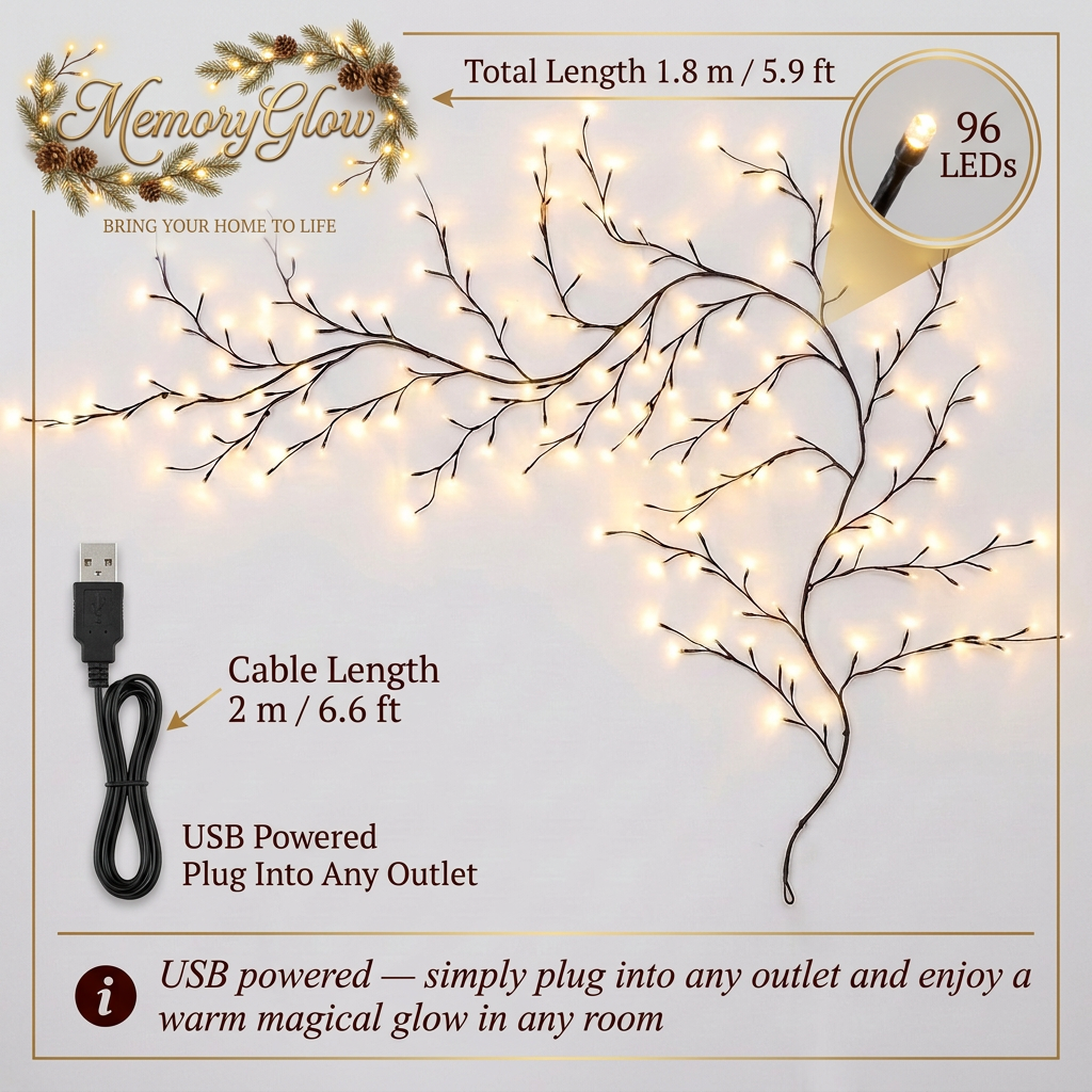 LED Branch Wall Light – Ornament-Ready Warm White Wall Tree (72/96 LEDs)