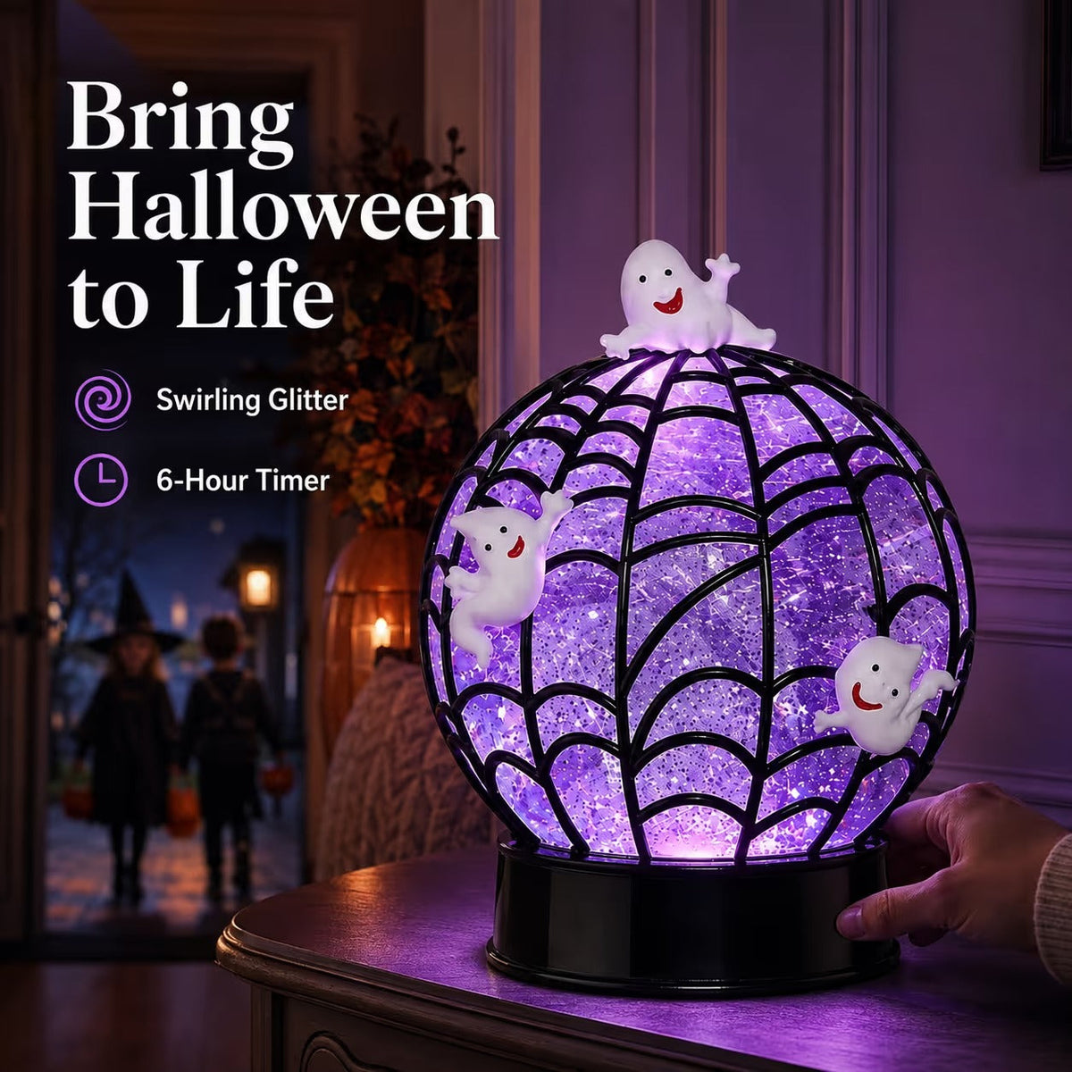 Halloween Swirling Glitter Ghost & Spider Globe Light
