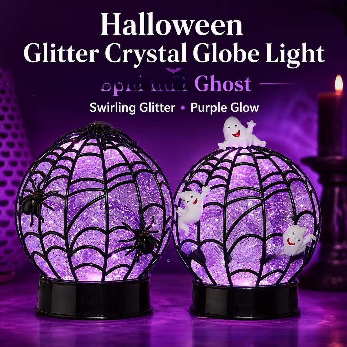 Halloween Swirling Glitter Ghost & Spider Globe Light