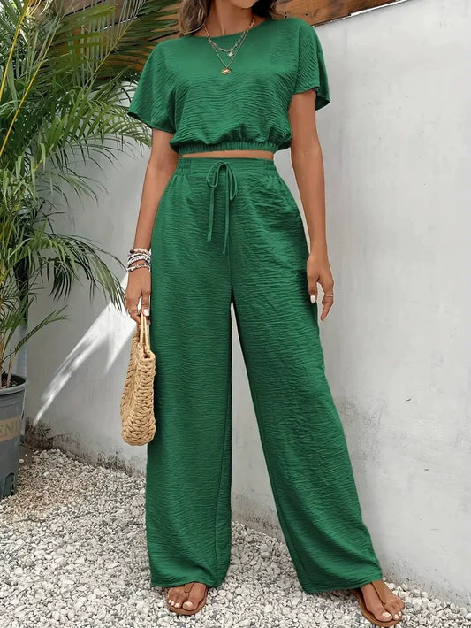 Women's Solid Color Top & Wide Leg Pants Two-piece Set, Casual Round Neck Top & Drawstring Waist Trousers for Summer, Ladies Clothes for Daily Wear, Womenswear