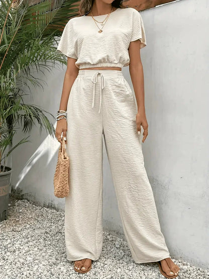 Women's Solid Color Top & Wide Leg Pants Two-piece Set, Casual Round Neck Top & Drawstring Waist Trousers for Summer, Ladies Clothes for Daily Wear, Womenswear