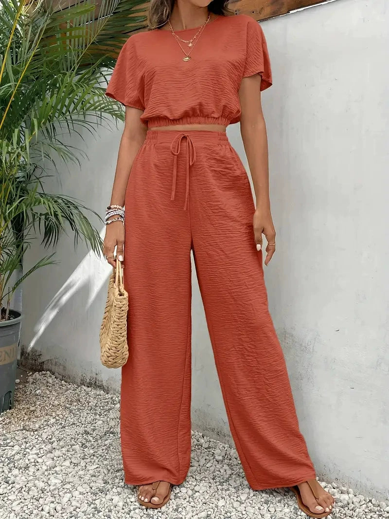 Women's Solid Color Top & Wide Leg Pants Two-piece Set, Casual Round Neck Top & Drawstring Waist Trousers for Summer, Ladies Clothes for Daily Wear, Womenswear
