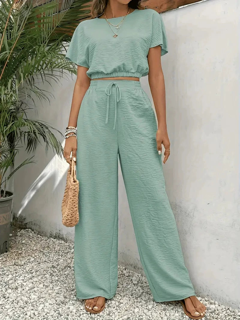 Women's Solid Color Top & Wide Leg Pants Two-piece Set, Casual Round Neck Top & Drawstring Waist Trousers for Summer, Ladies Clothes for Daily Wear, Womenswear