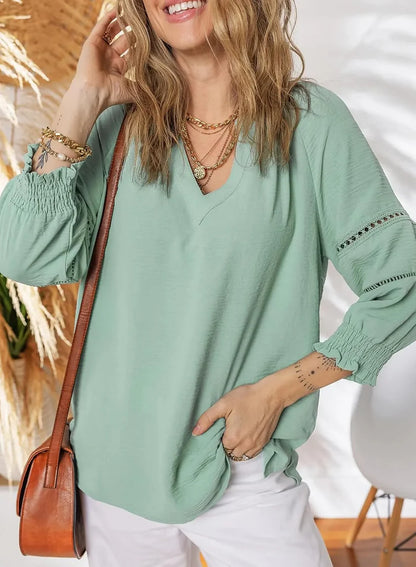 ⏰Hot Sale-Womens 3/4 Lantern Sleeve Casual V-Neck T-Shirts Pleated Loose Hollow-Out Blouse