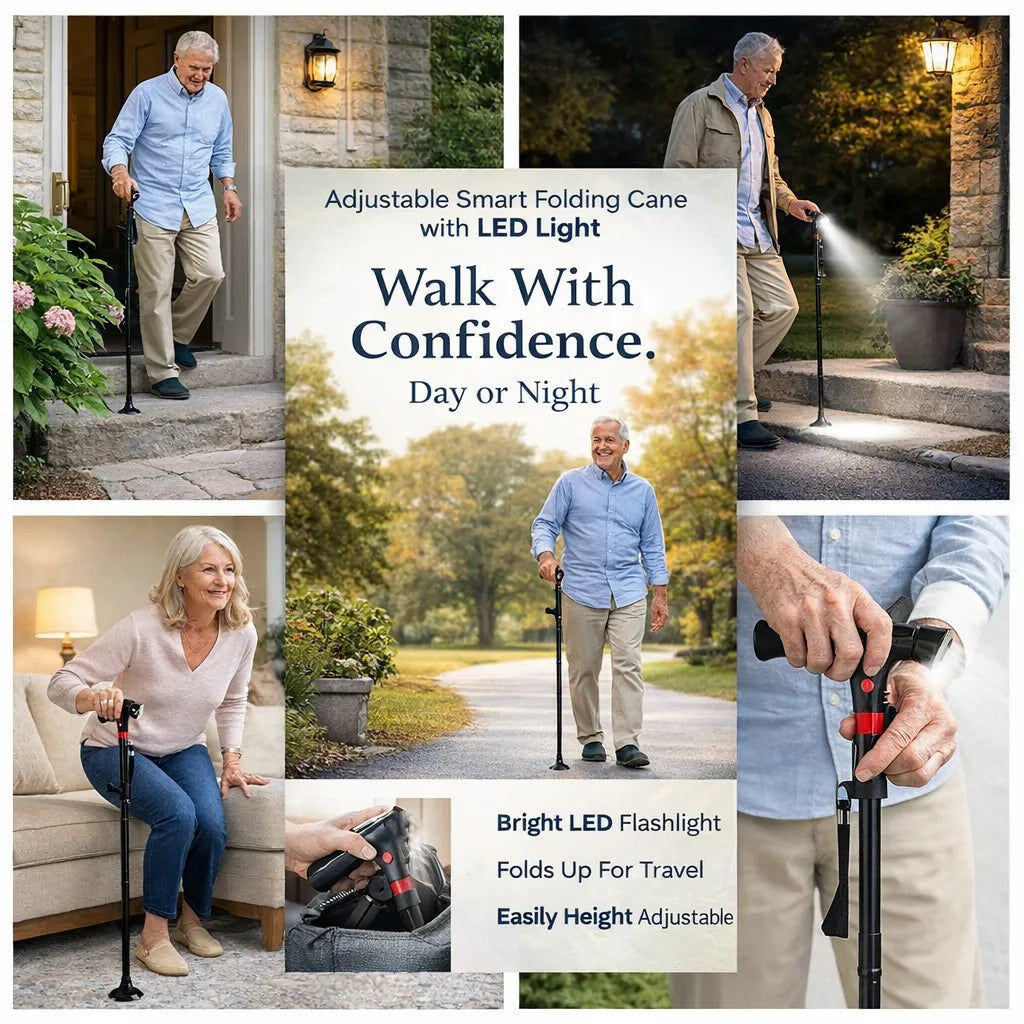 Adjustable smart folding cane with LED light 🦯💡