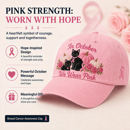 Women's 3D Embroidered Pink Ribbon Cat Hat – Breast Cancer Awareness Month Support, Strength & Hope Cap