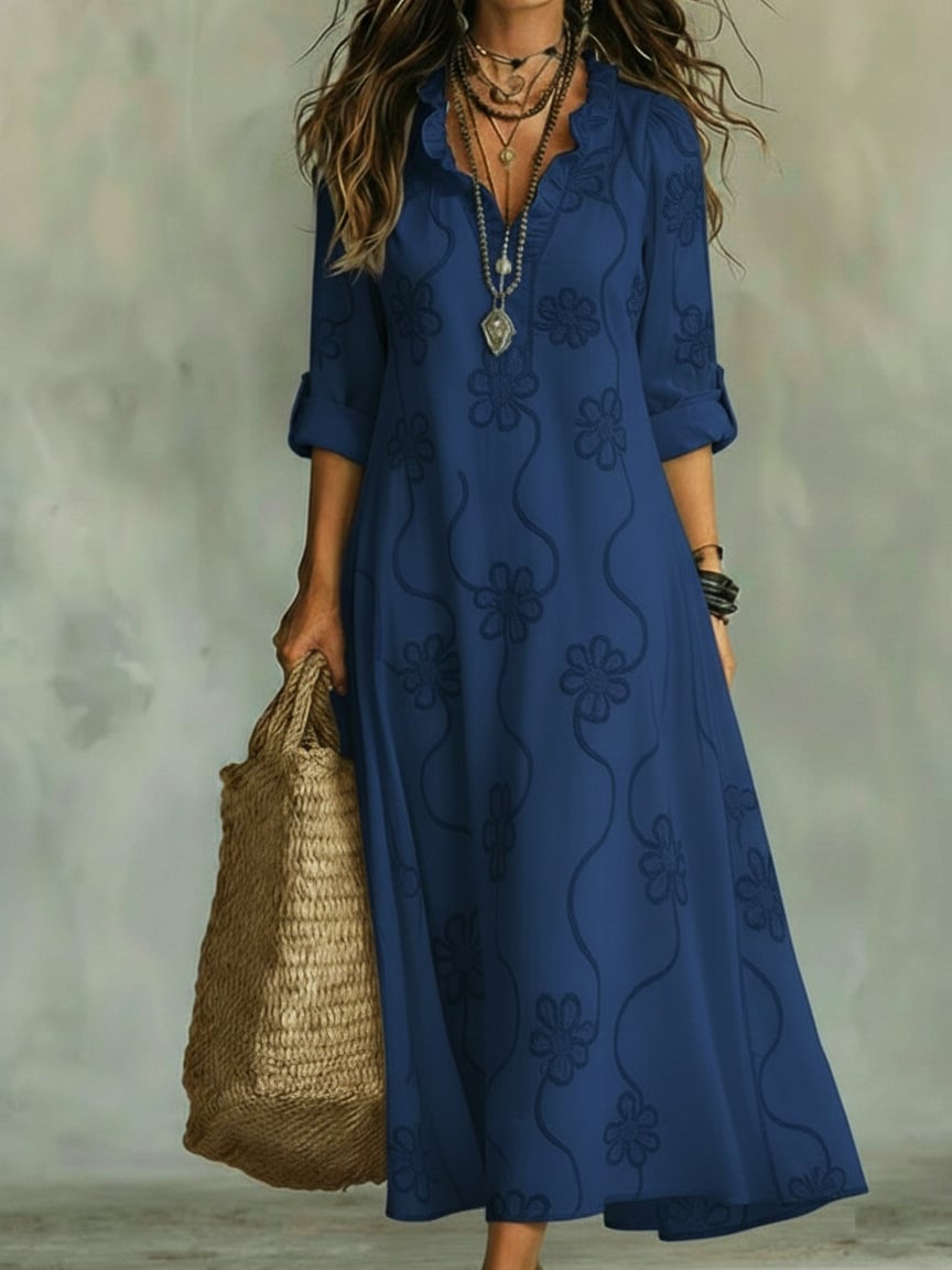 🔥 Free Shipping🔥Boho Floral Maxi Dress | V-Neck Ruffle Trim Vacation & Beach Outfit