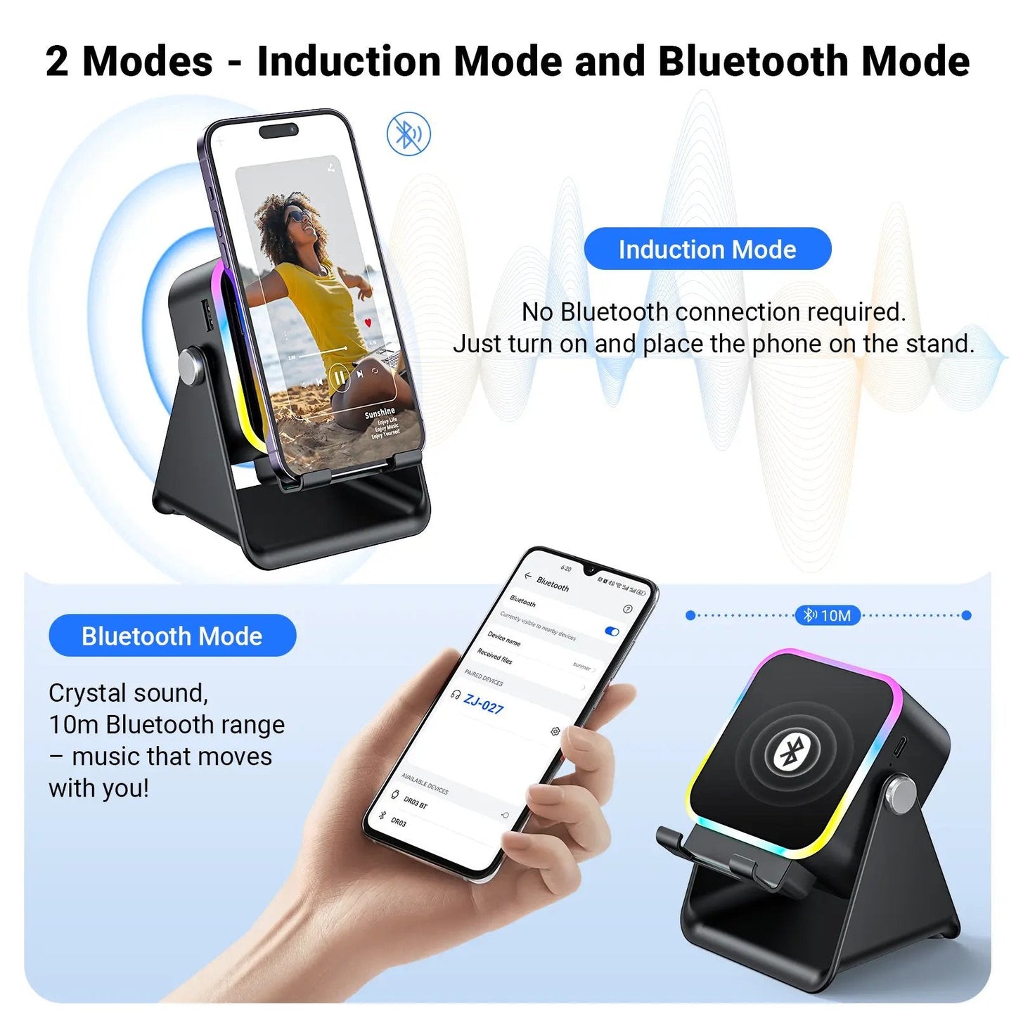 Wireless Induction Audio Speaker Stand, 5-in-1 Phone Stand, 3500mAh Rechargeable Emergency Power , 360° Adjustable Phone