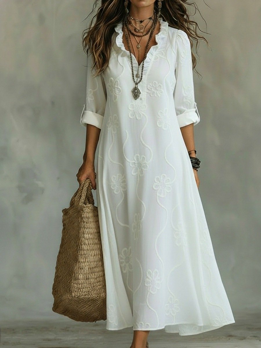 🔥 Free Shipping🔥Boho Floral Maxi Dress | V-Neck Ruffle Trim Vacation & Beach Outfit