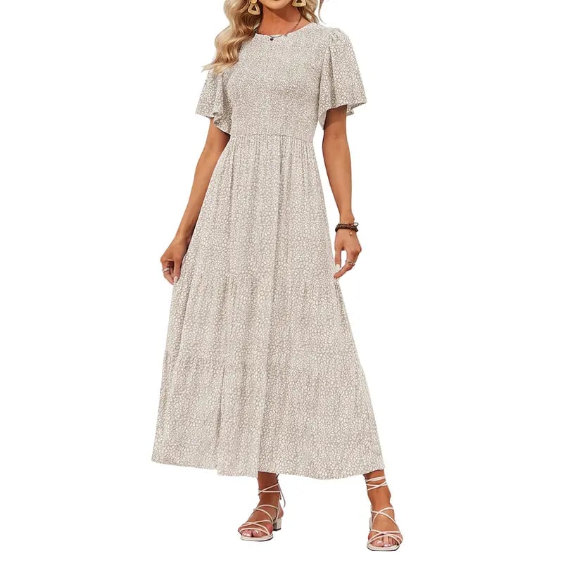🔥LAST DAY 52% OFF - 💖Women's 2026 Summer Casual Floral Print Short Flutter Sleeve Crew Neck Smocked High Waist Flowy Maxi Dress