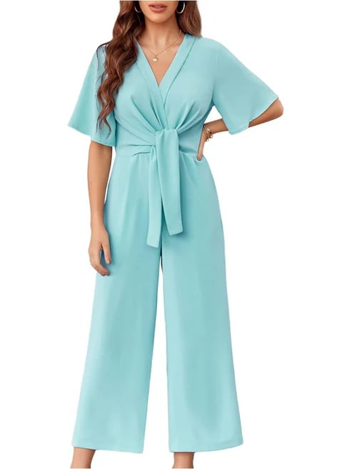 ⏰Hot Sale-Womens Short Sleeve Tie Knot Front Wide Leg Jumpsuits