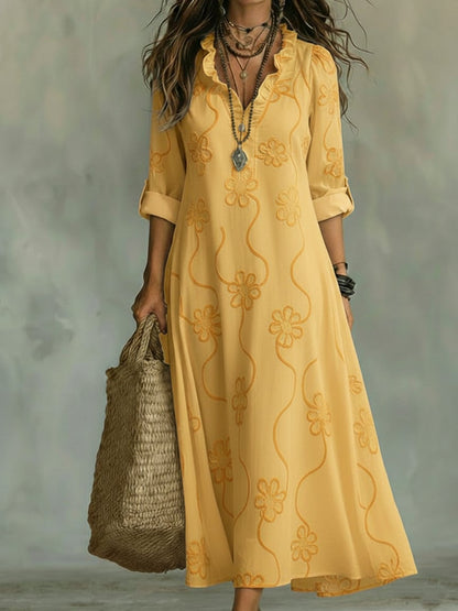 🔥 Free Shipping🔥Boho Floral Maxi Dress | V-Neck Ruffle Trim Vacation & Beach Outfit