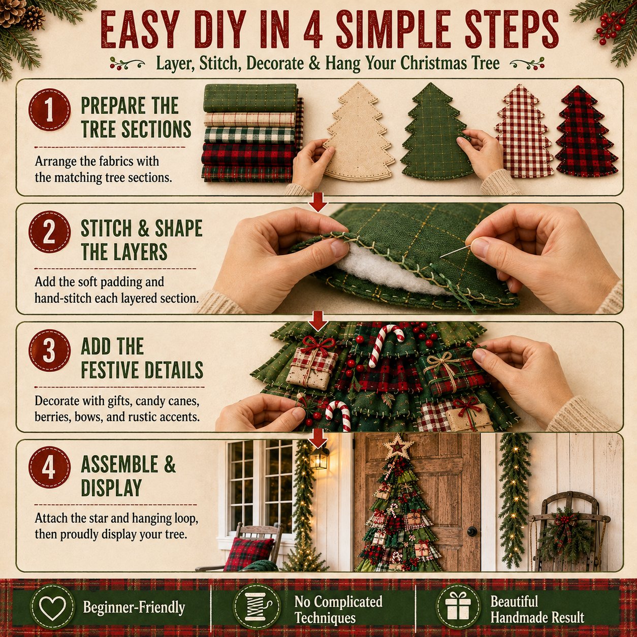 Four illustrated steps for making the DIY patchwork tree