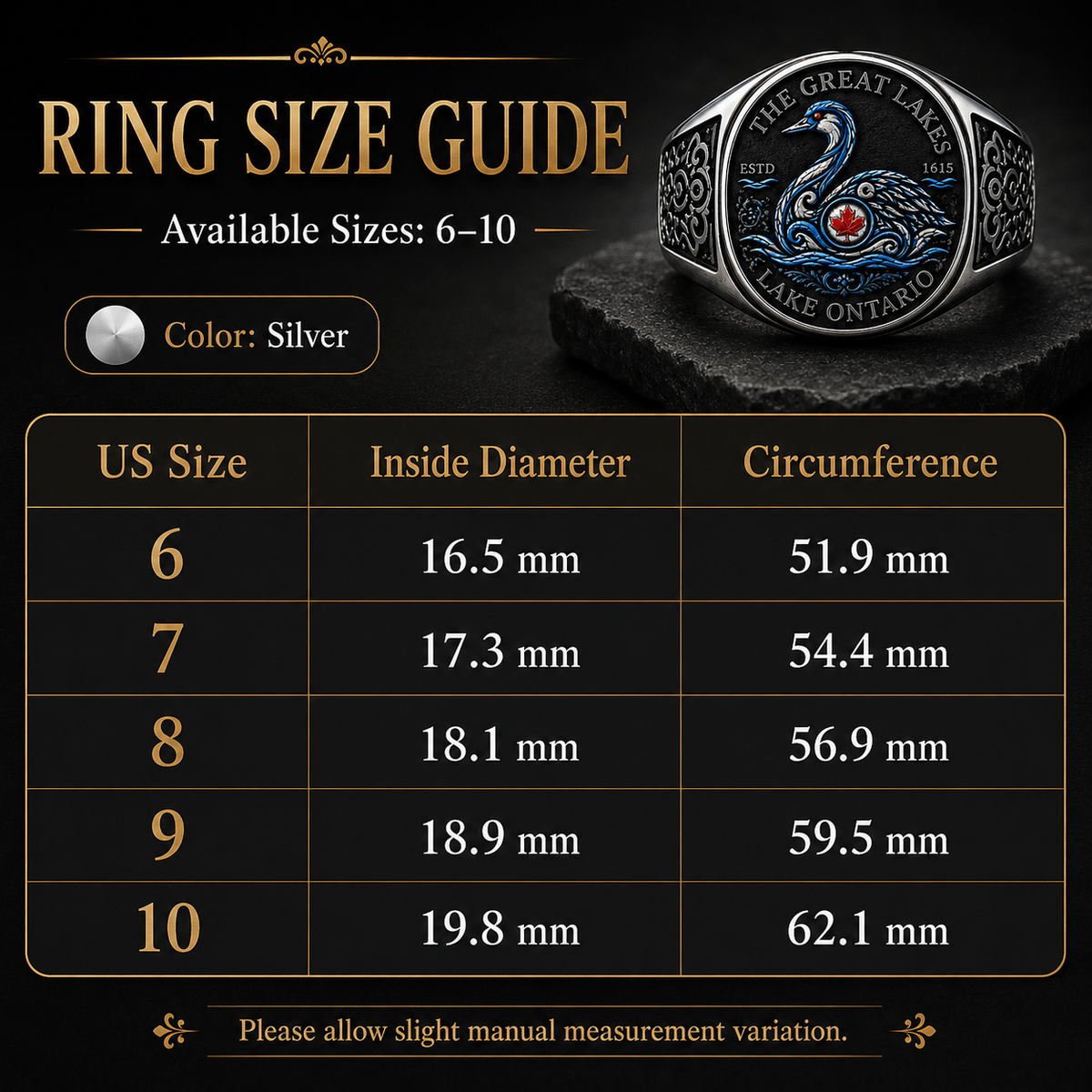 Lake Ontario ring size guide US sizes 6 through 10