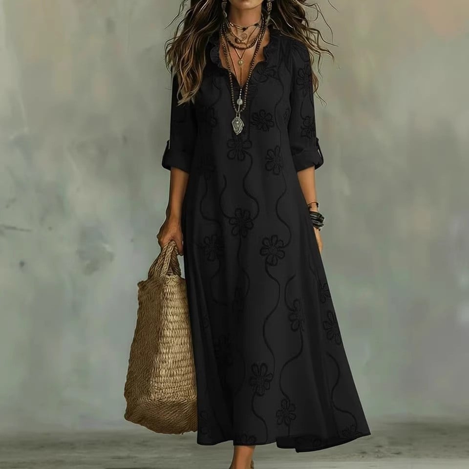 🔥 Free Shipping🔥Boho Floral Maxi Dress | V-Neck Ruffle Trim Vacation & Beach Outfit